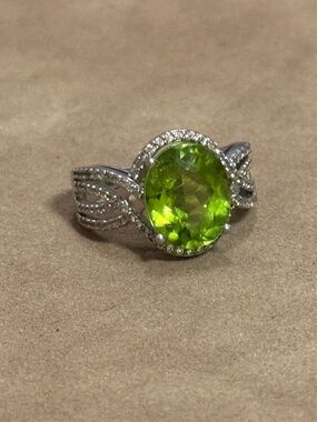 Green Peridot Halo Ring with Silver Band